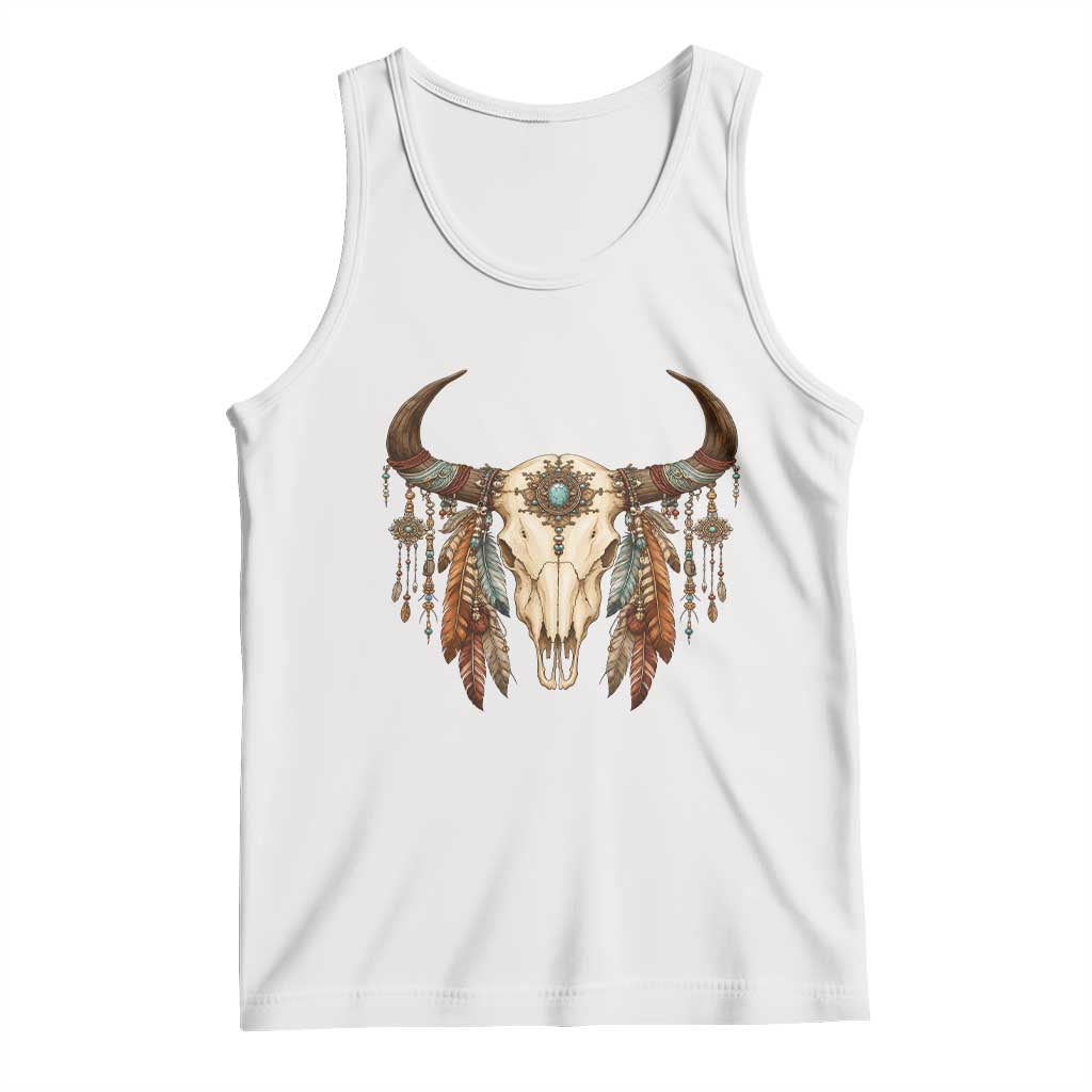 Vintage Southwestern Cow Skull Tank Top Boho Feather Western Graphic TS12 White Print Your Wear