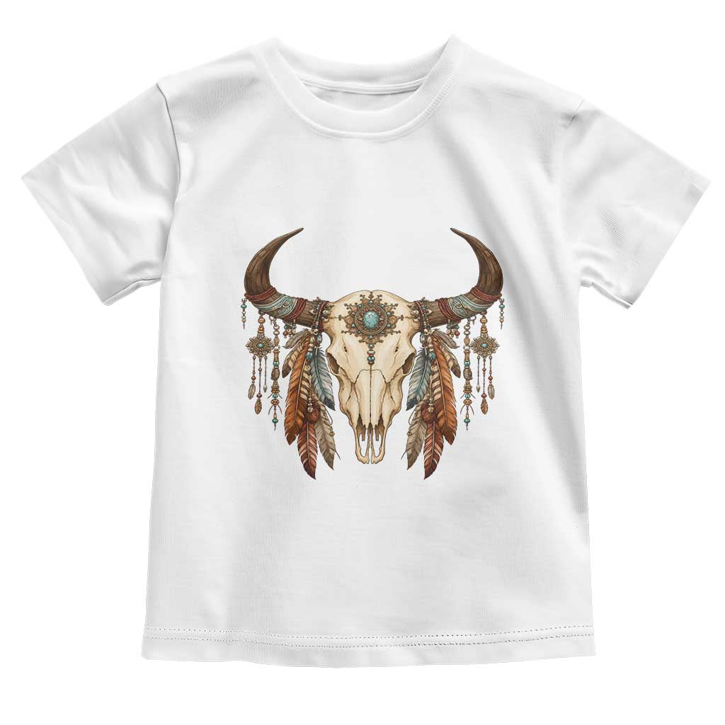 Vintage Southwestern Cow Skull Toddler T Shirt Boho Feather Western Graphic TS12 White Print Your Wear