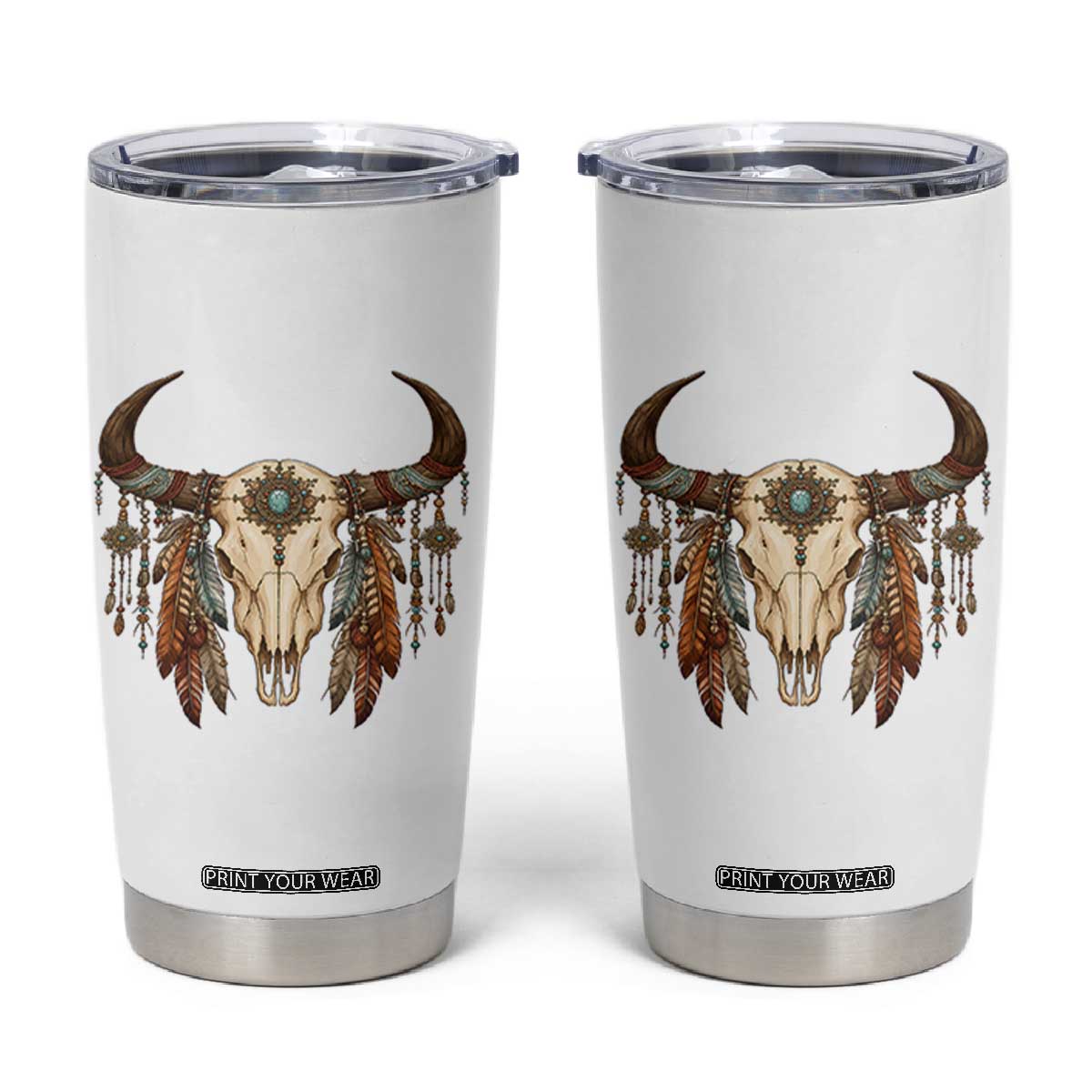 Vintage Southwestern Cow Skull Tumbler Cup Boho Feather Western Graphic