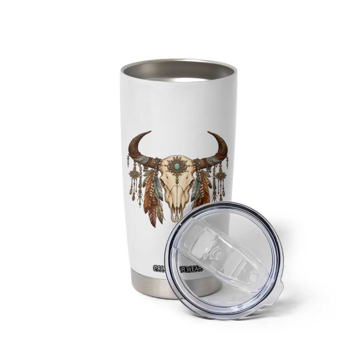 Vintage Southwestern Cow Skull Tumbler Cup Boho Feather Western Graphic
