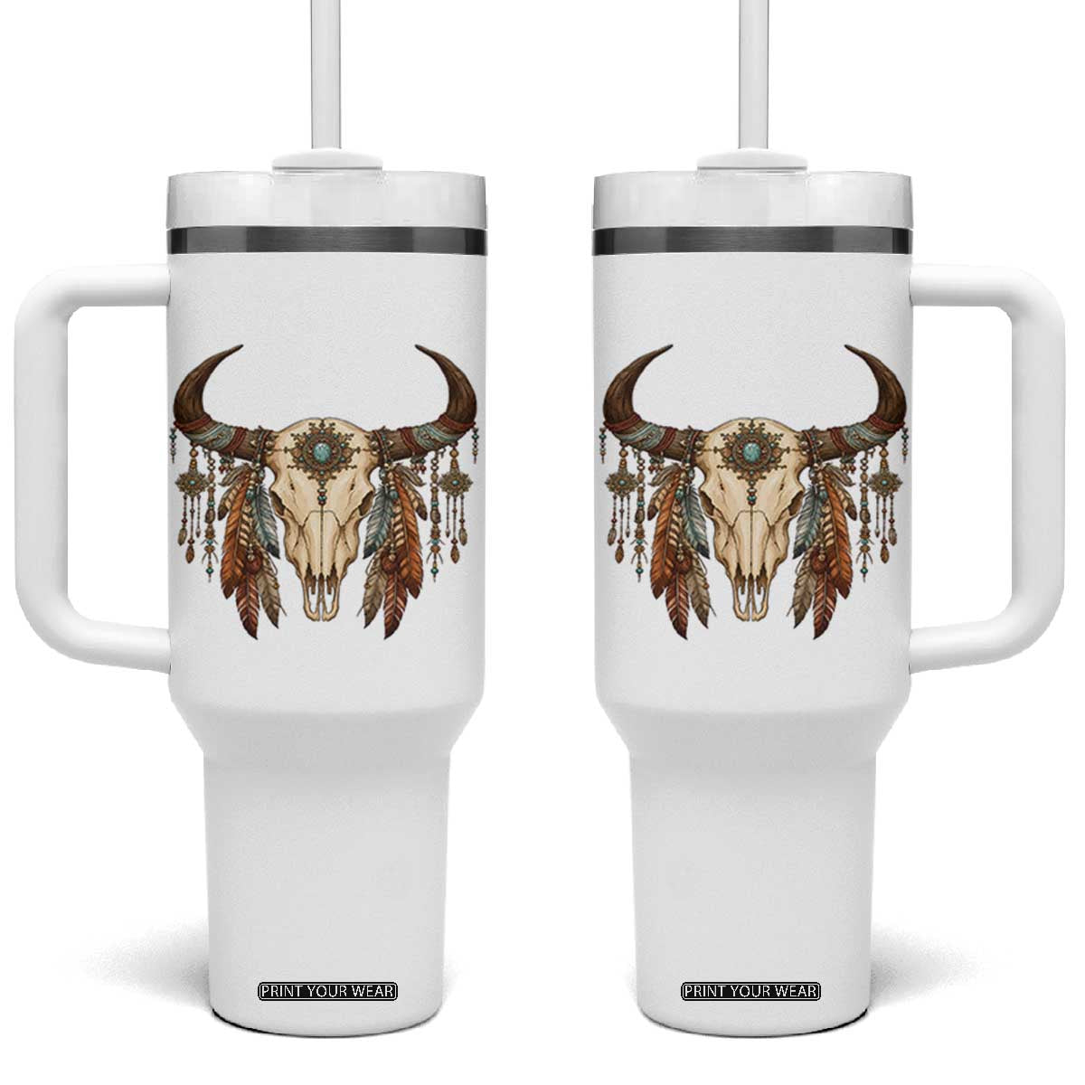 Vintage Southwestern Cow Skull Tumbler With Handle Boho Feather Western Graphic TS12 One Size: 40 oz White Print Your Wear