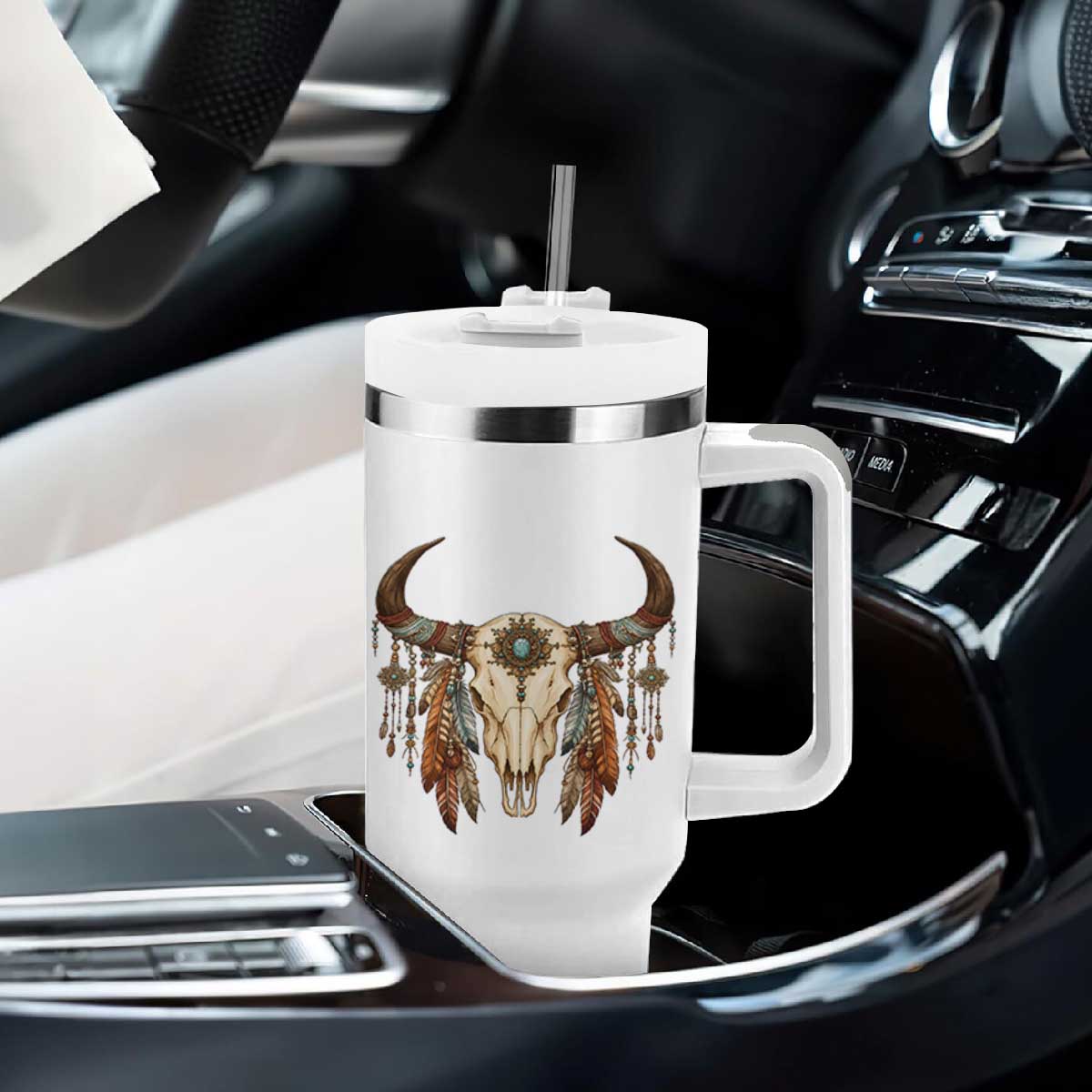 Vintage Southwestern Cow Skull Tumbler With Handle Boho Feather Western Graphic