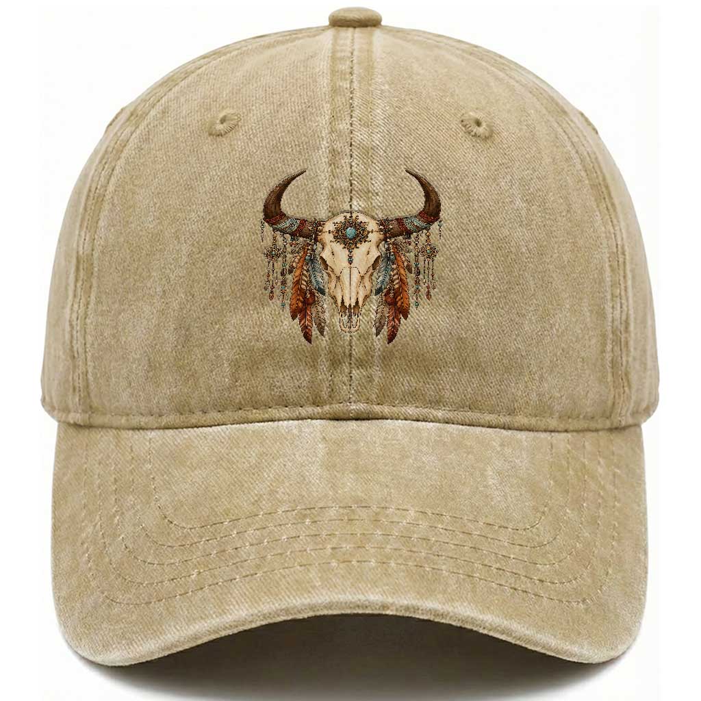 Vintage Southwestern Cow Skull Washed Cotton Baseball Cap Boho Feather Western Graphic TS12 Print Your Wear