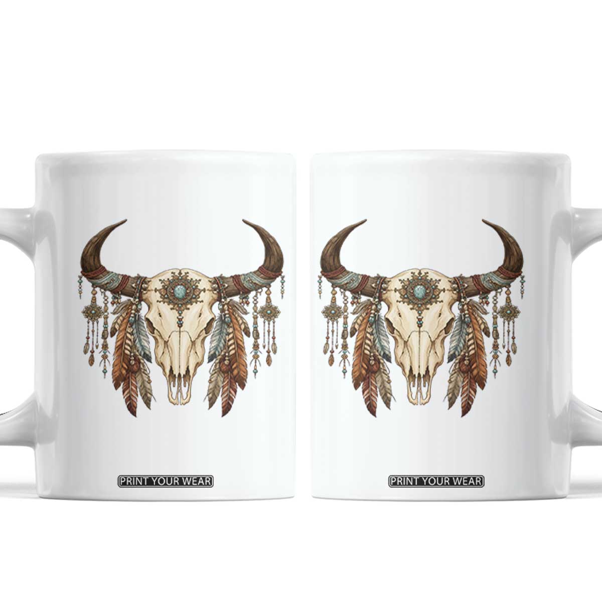 Vintage Southwestern Cow Skull Coffee Mug Boho Feather Western Graphic
