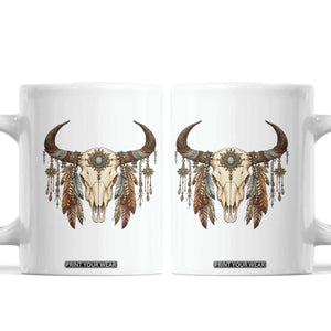 Vintage Southwestern Cow Skull Coffee Mug Boho Feather Western Graphic