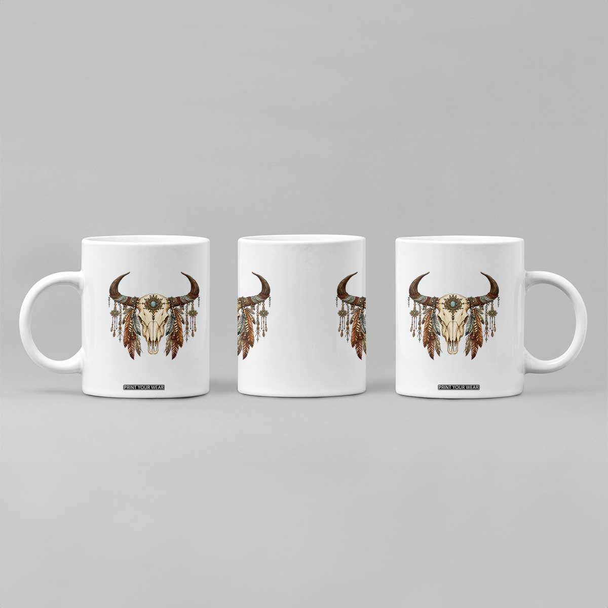 Vintage Southwestern Cow Skull Coffee Mug Boho Feather Western Graphic