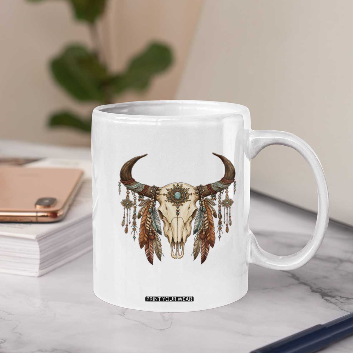 Vintage Southwestern Cow Skull Coffee Mug Boho Feather Western Graphic