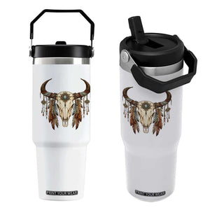 Vintage Southwestern Cow Skull Flip Straw Tumbler Boho Feather Western Graphic