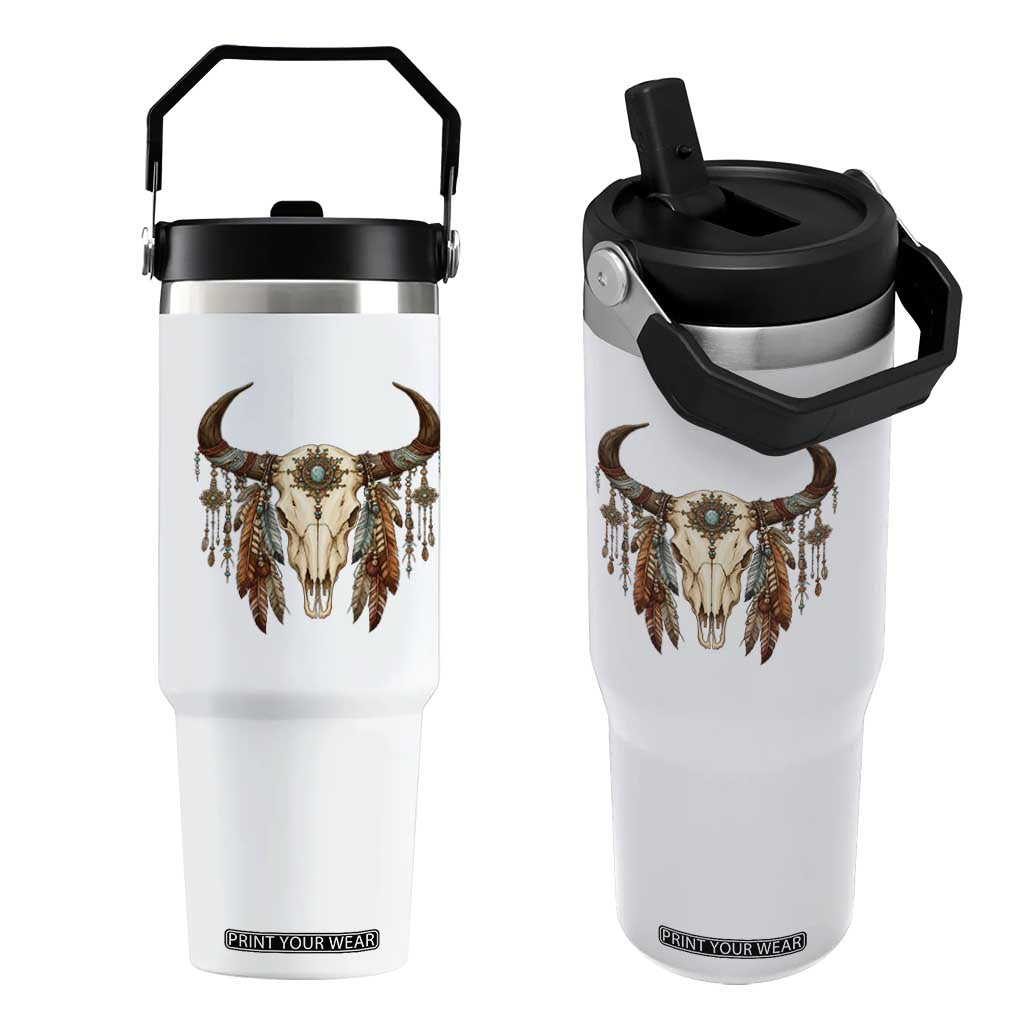 Vintage Southwestern Cow Skull Flip Straw Tumbler Boho Feather Western Graphic TS12 One Size: 30 oz White Print Your Wear