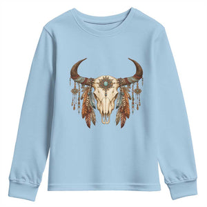 Vintage Southwestern Cow Skull Youth Sweatshirt Boho Feather Western Graphic