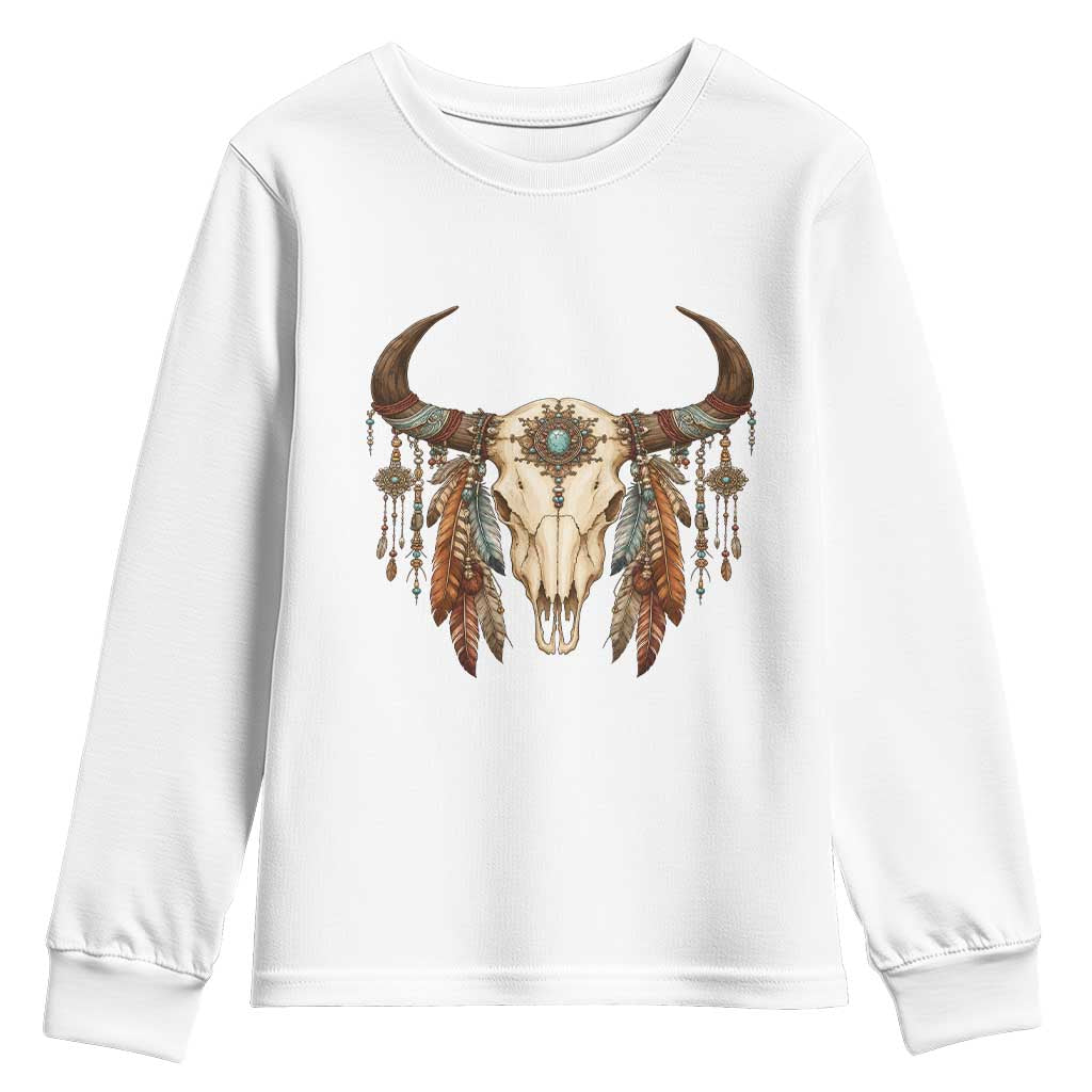 Vintage Southwestern Cow Skull Youth Sweatshirt Boho Feather Western Graphic TS12 White Print Your Wear