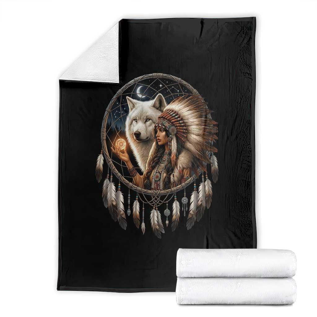 Vintage Native American Woman With White Wolf Graphic Throw Blanket TS12 Black Print Your Wear