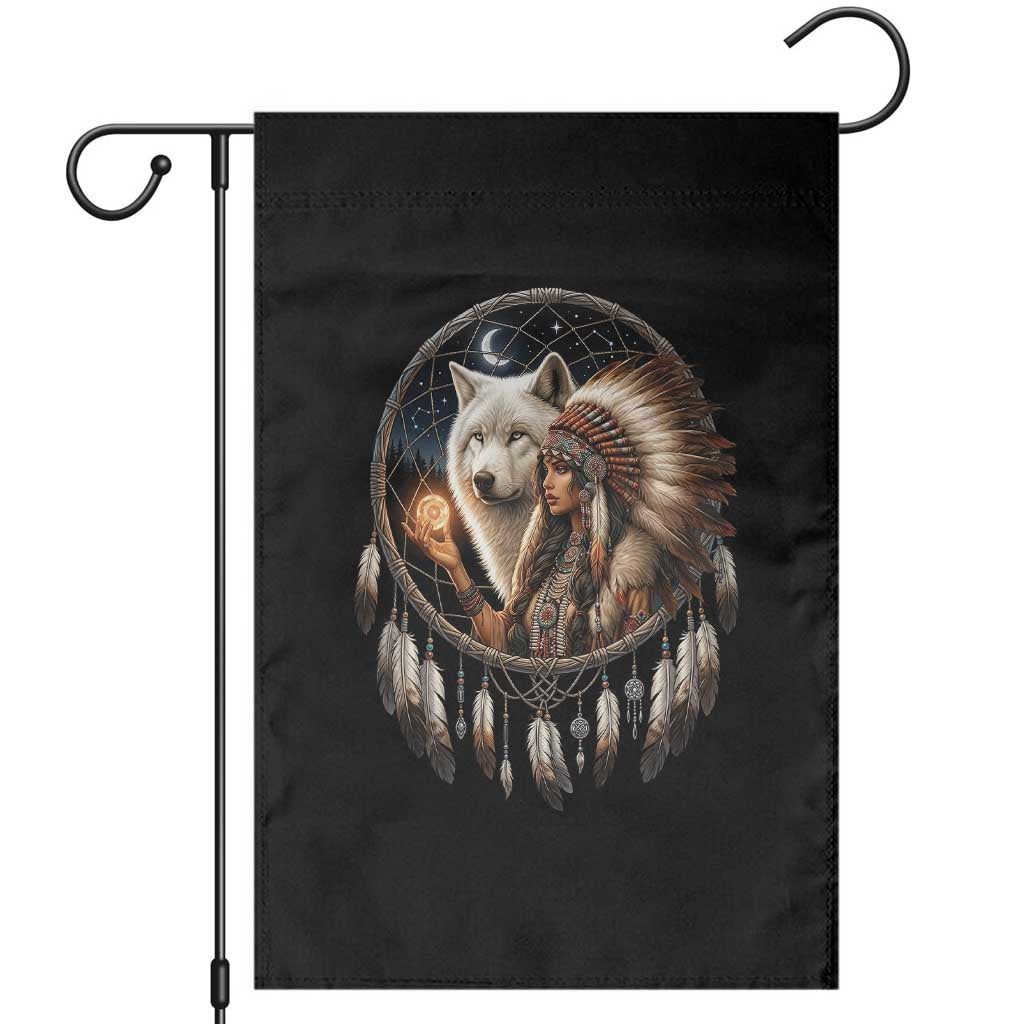 Vintage Native American Woman With White Wolf Graphic Garden Flag TS12 Black Print Your Wear