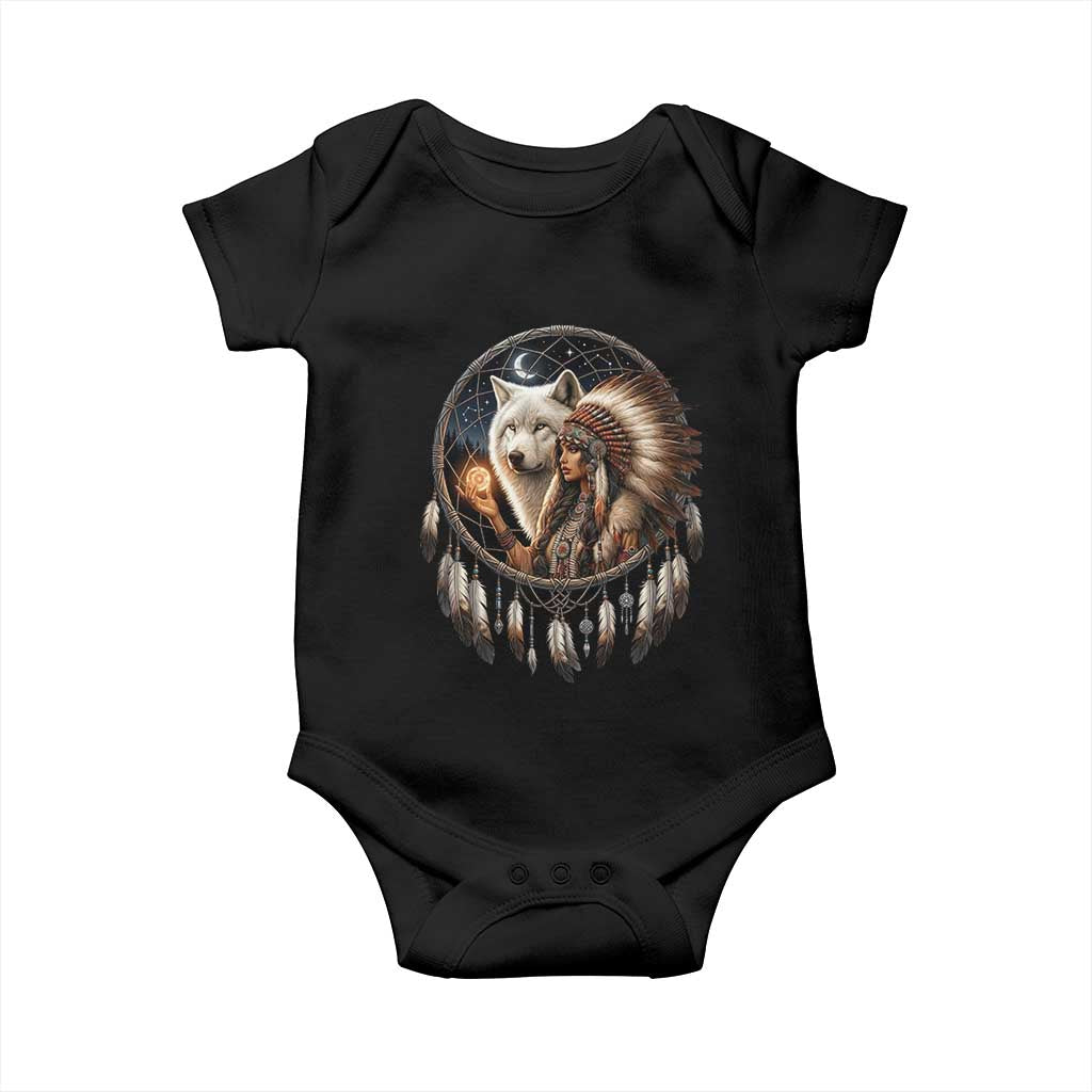Vintage Native American Woman With White Wolf Graphic Baby Onesie TS12 Black Print Your Wear