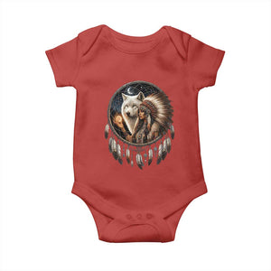 Vintage Native American Woman With White Wolf Graphic Baby Onesie