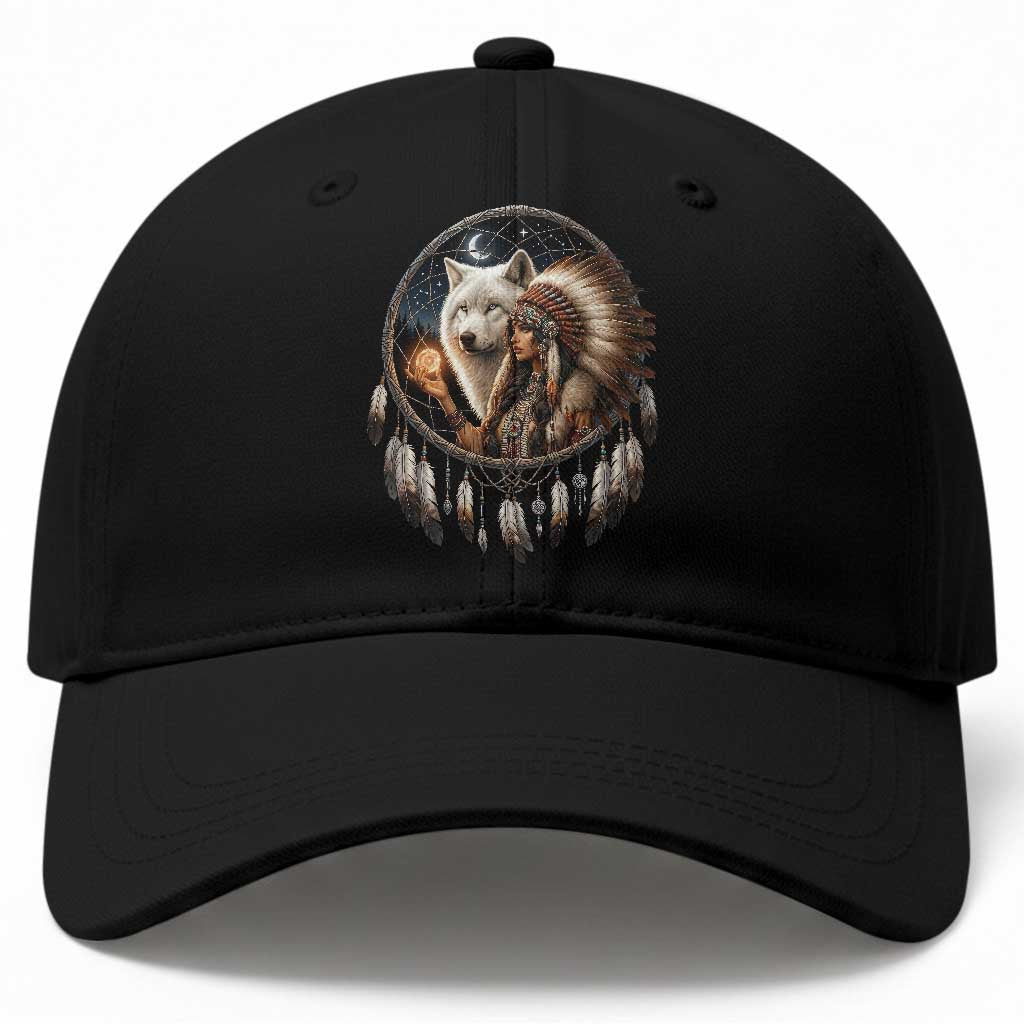 Vintage Native American Woman With White Wolf Graphic Baseball Cap TS12 Print Your Wear