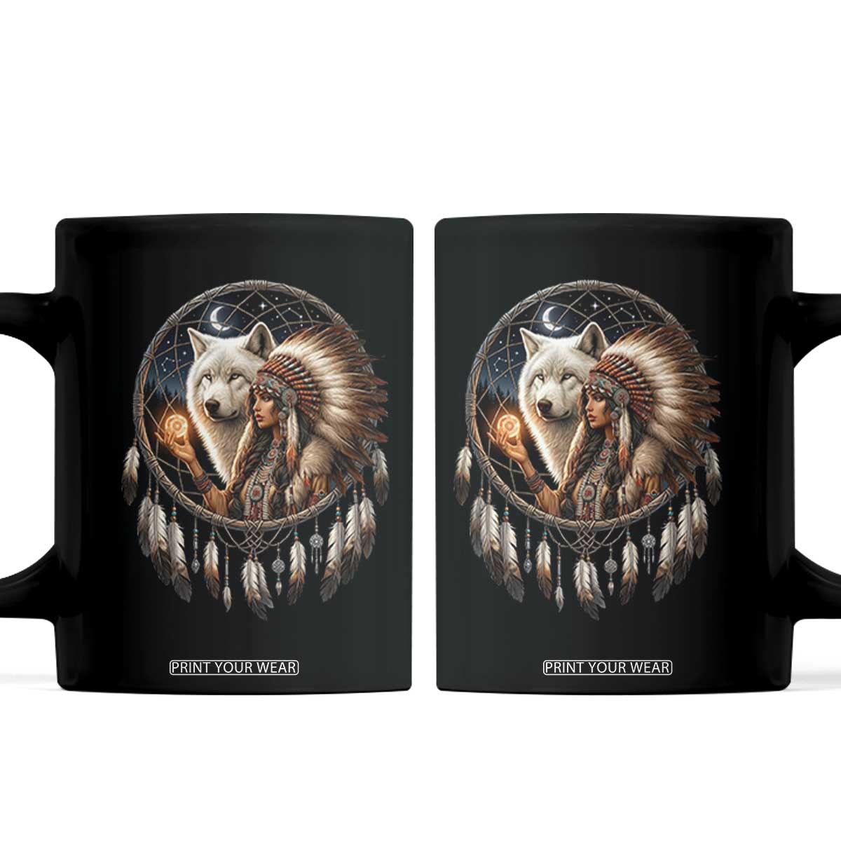 Vintage Native American Woman With White Wolf Graphic Coffee Mug
