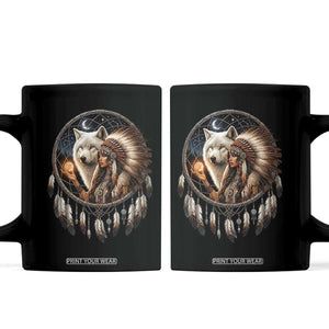 Vintage Native American Woman With White Wolf Graphic Coffee Mug