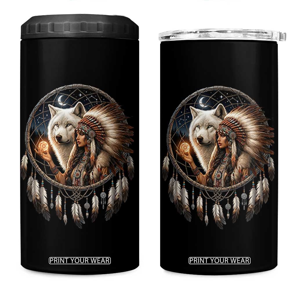 Vintage Native American Woman With White Wolf Graphic 4 in 1 Can Cooler Tumbler TS12 One Size: 16 oz Black Print Your Wear