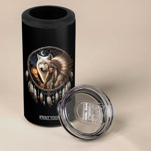 Vintage Native American Woman With White Wolf Graphic 4 in 1 Can Cooler Tumbler