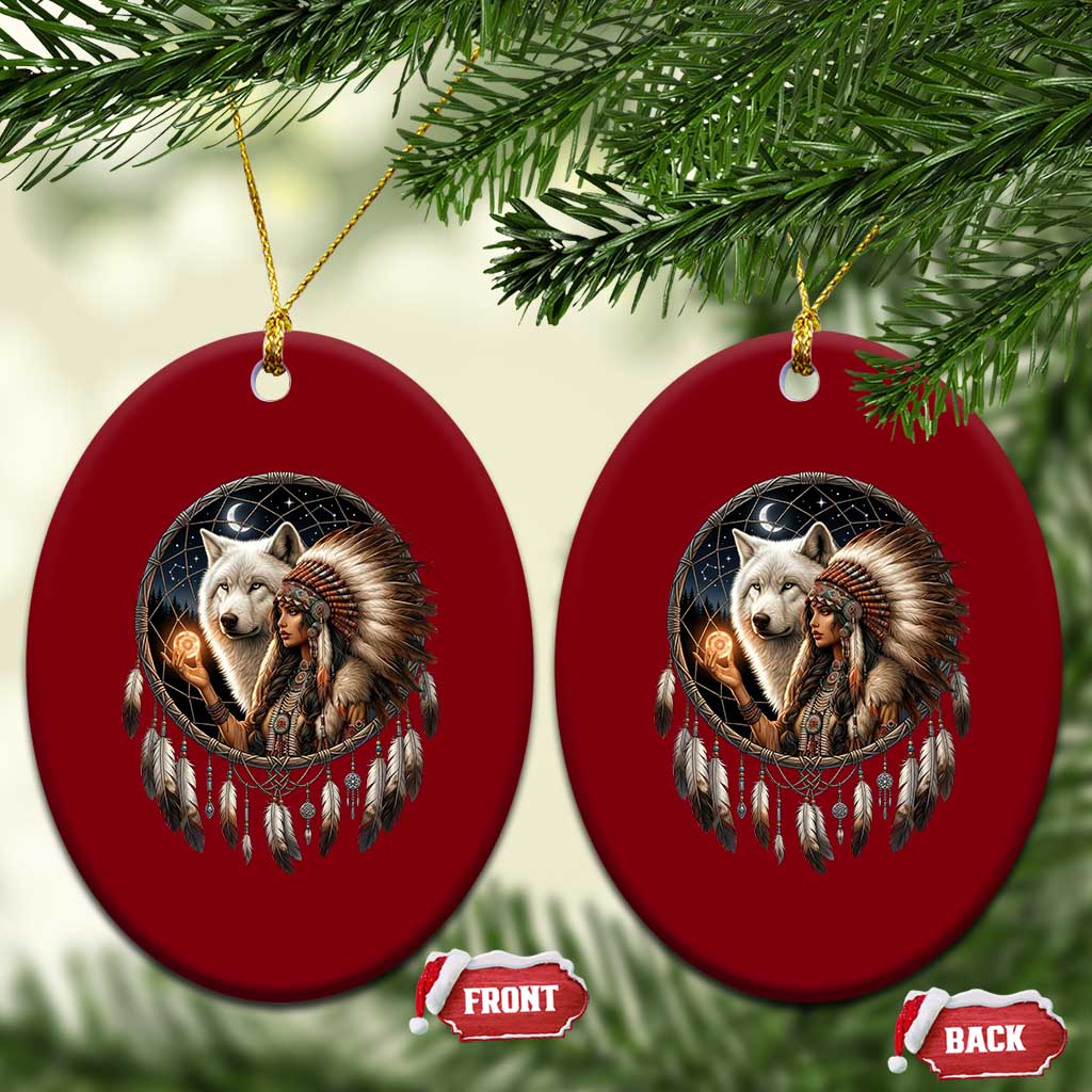 Vintage Native American Woman With White Wolf Graphic Ceramic Ornament