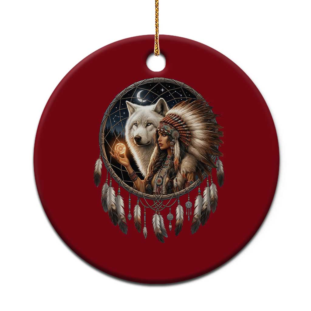 Vintage Native American Woman With White Wolf Graphic Ceramic Ornament TS12 1pc Red Print Your Wear