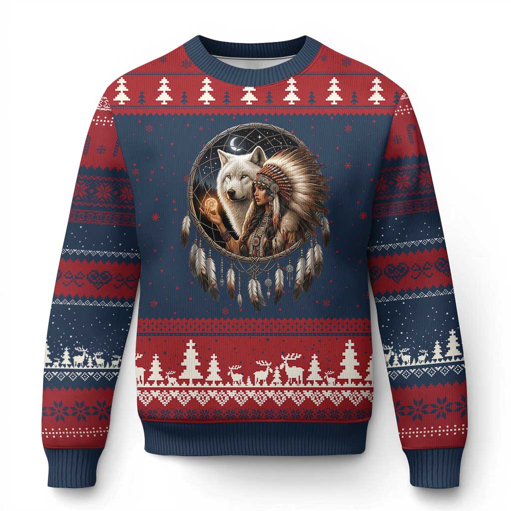 Vintage Native American Woman With White Wolf Graphic Ugly Christmas Sweater