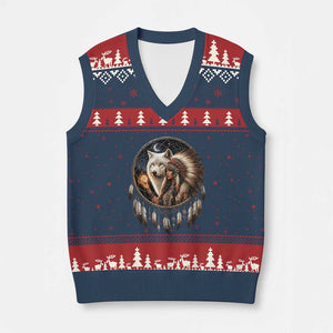 Vintage Native American Woman With White Wolf Graphic V-Neck Knit Sweater Vest