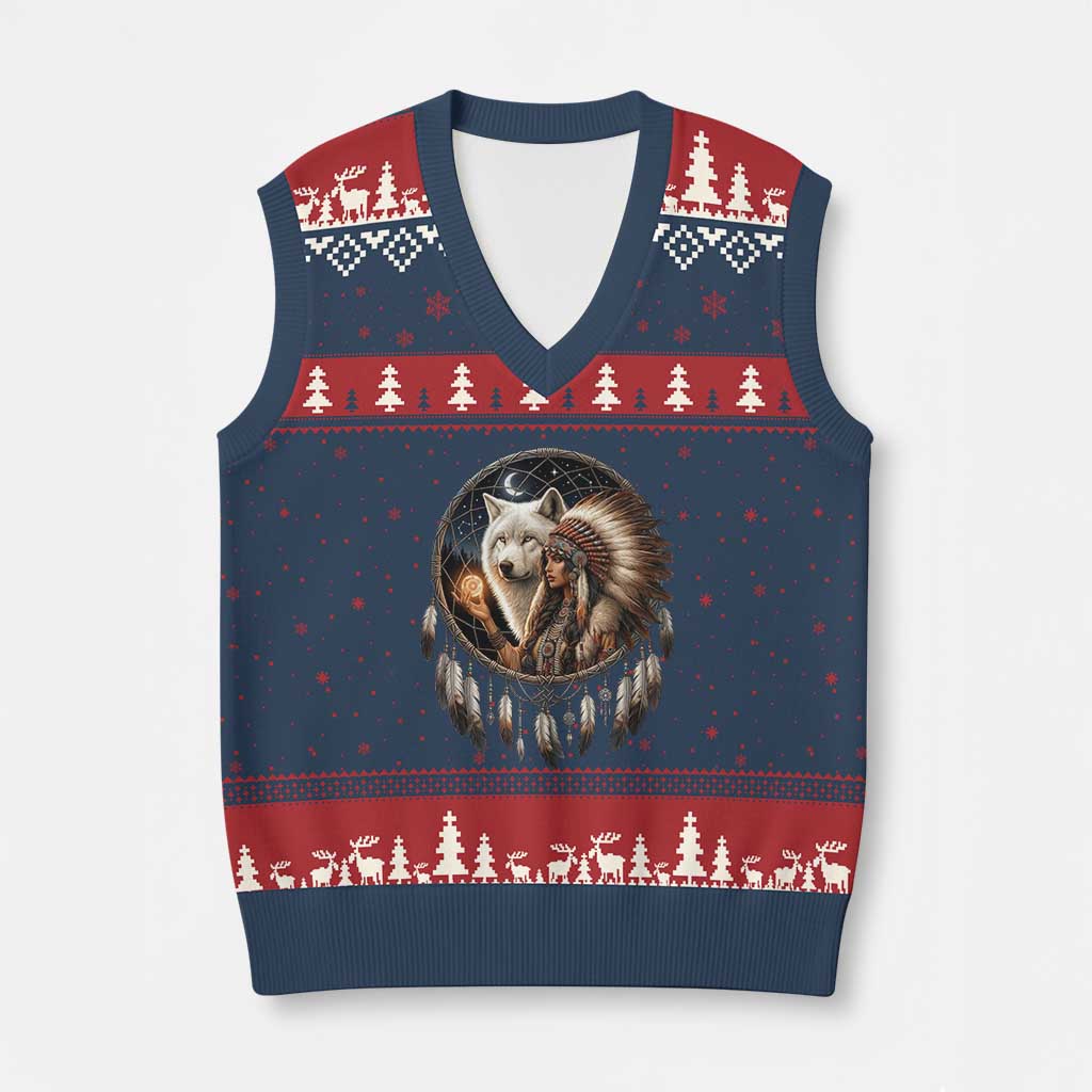 Vintage Native American Woman With White Wolf Graphic V-Neck Knit Sweater Vest TS12 Navy Red Print Your Wear