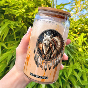 Vintage Native American Woman With White Wolf Graphic Glass Can