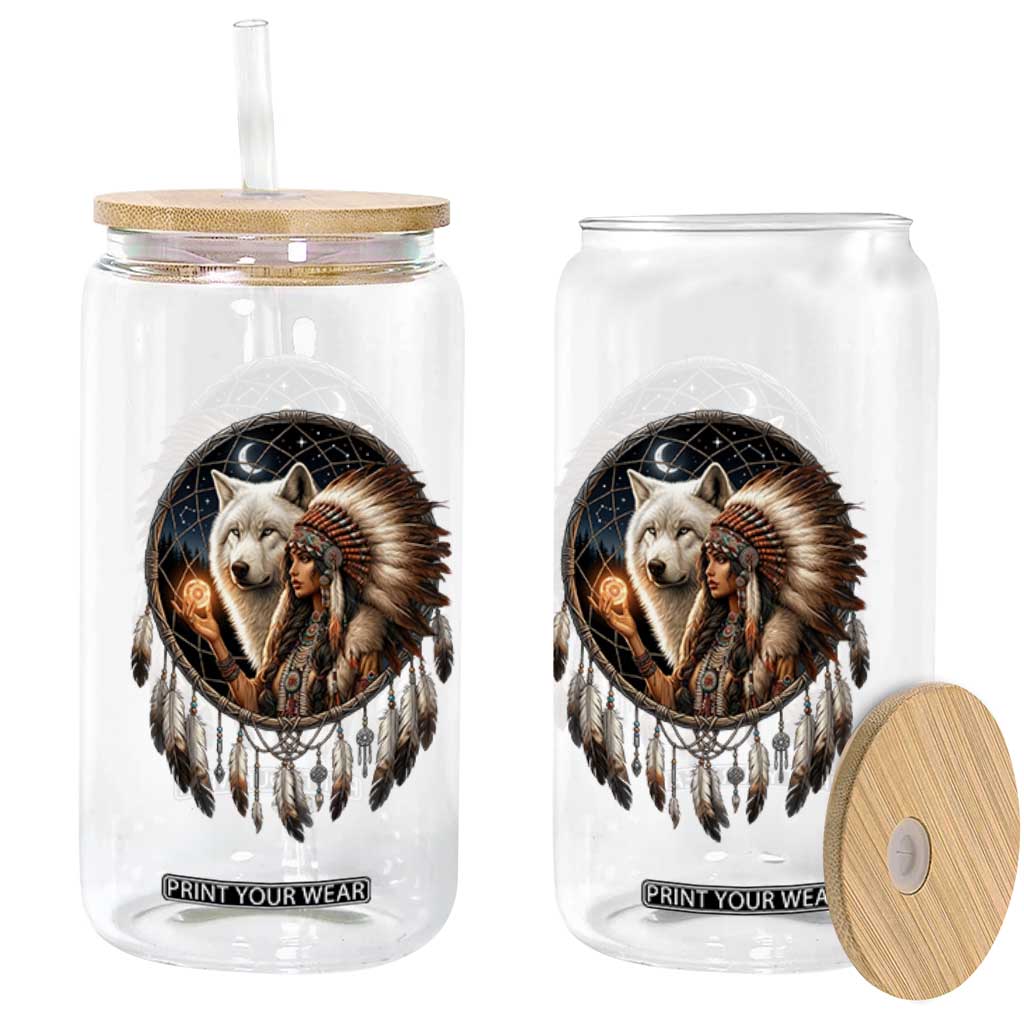 Vintage Native American Woman With White Wolf Graphic Glass Can
