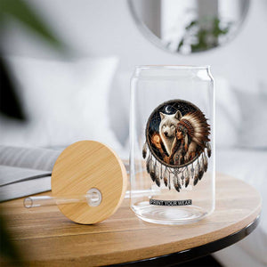 Vintage Native American Woman With White Wolf Graphic Glass Can