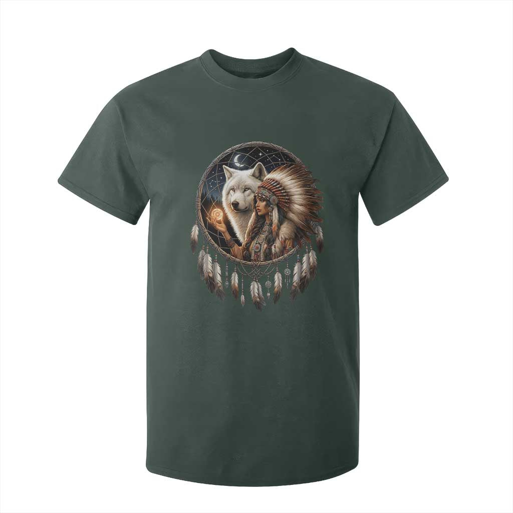 Vintage Native American Woman With White Wolf Graphic T Shirt For Kid