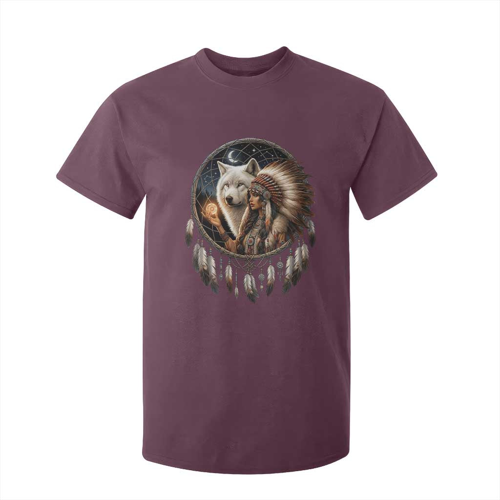 Vintage Native American Woman With White Wolf Graphic T Shirt For Kid
