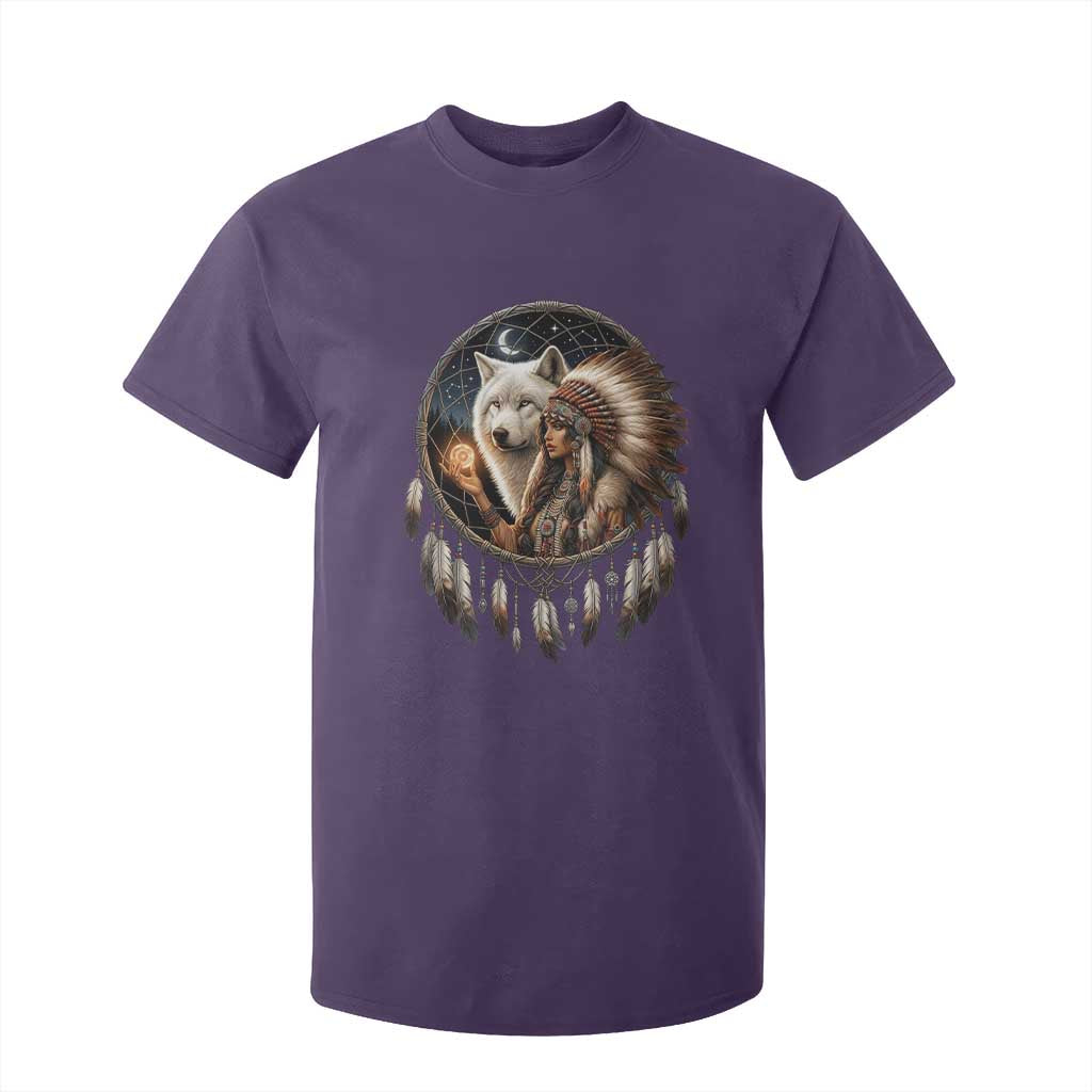Vintage Native American Woman With White Wolf Graphic T Shirt For Kid