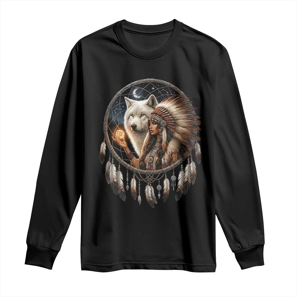 Vintage Native American Woman With White Wolf Graphic Long Sleeve Shirt TS12 Black Print Your Wear