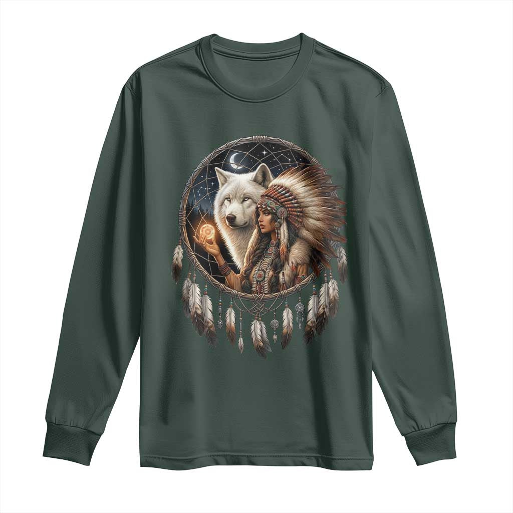 Vintage Native American Woman With White Wolf Graphic Long Sleeve Shirt