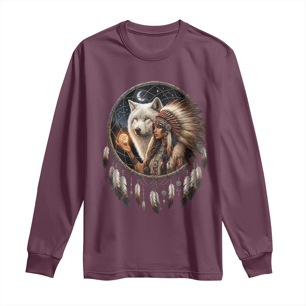 Vintage Native American Woman With White Wolf Graphic Long Sleeve Shirt