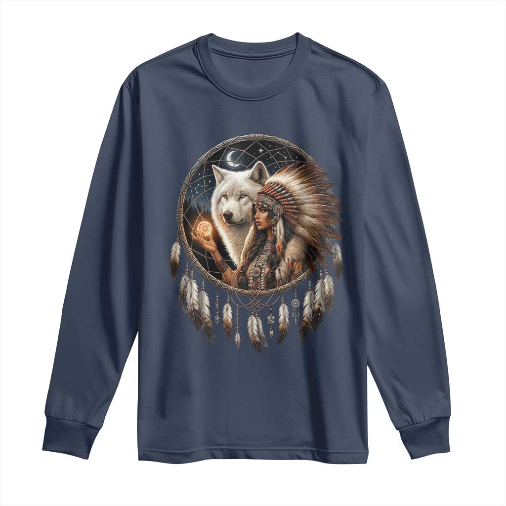 Vintage Native American Woman With White Wolf Graphic Long Sleeve Shirt