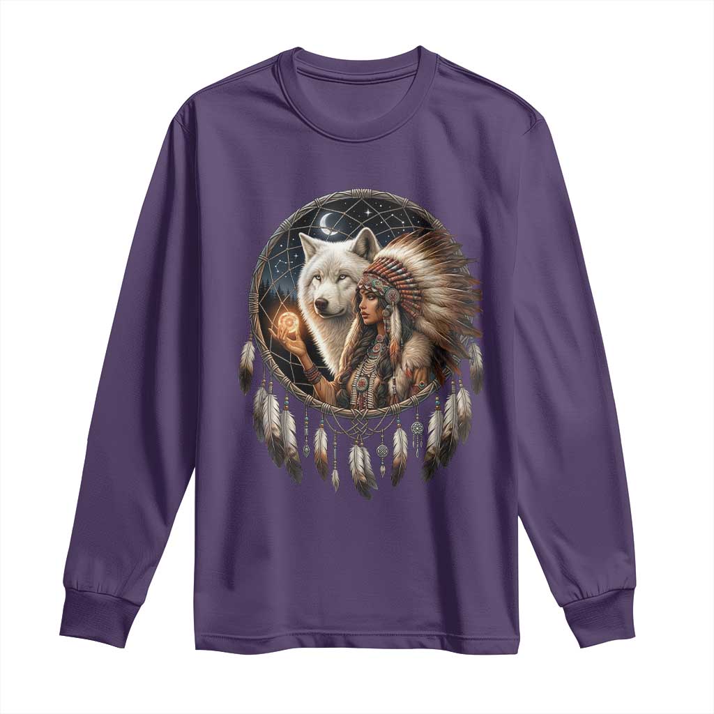 Vintage Native American Woman With White Wolf Graphic Long Sleeve Shirt