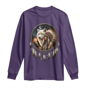 Vintage Native American Woman With White Wolf Graphic Long Sleeve Shirt