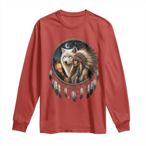 Vintage Native American Woman With White Wolf Graphic Long Sleeve Shirt