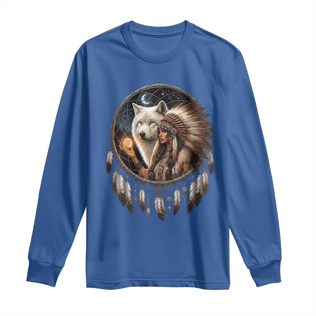 Vintage Native American Woman With White Wolf Graphic Long Sleeve Shirt