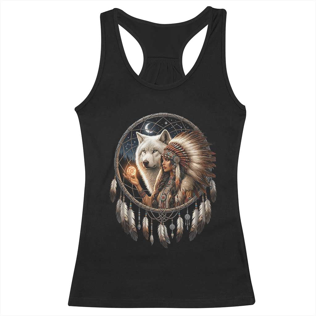 Vintage Native American Woman With White Wolf Graphic Racerback Tank Top TS12 Black Print Your Wear