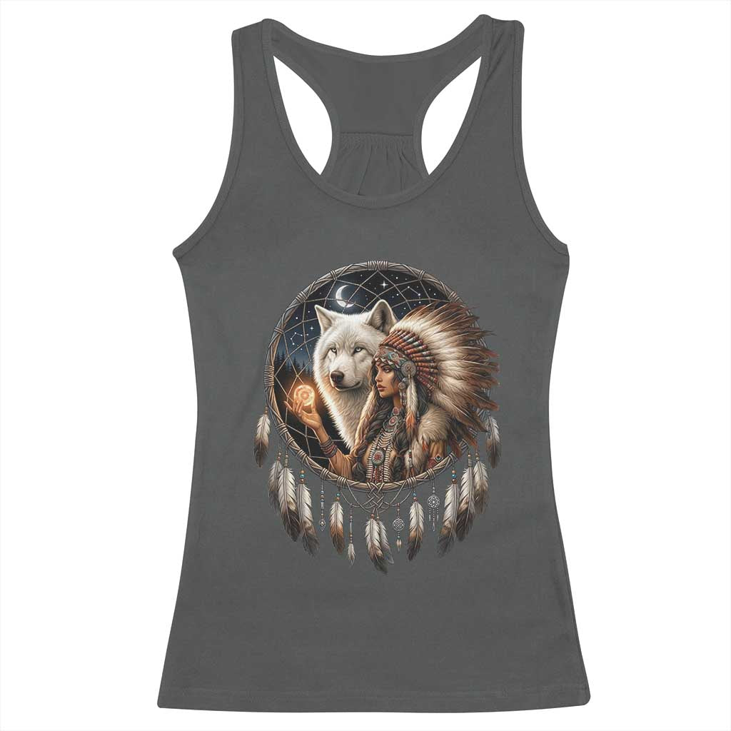 Vintage Native American Woman With White Wolf Graphic Racerback Tank Top