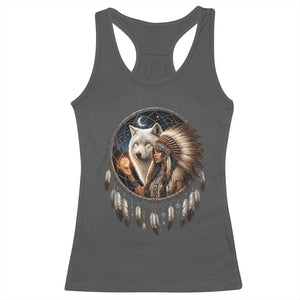 Vintage Native American Woman With White Wolf Graphic Racerback Tank Top