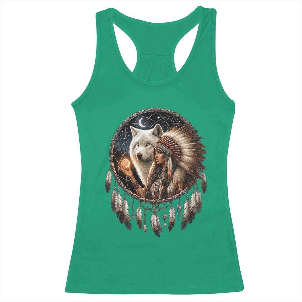 Vintage Native American Woman With White Wolf Graphic Racerback Tank Top