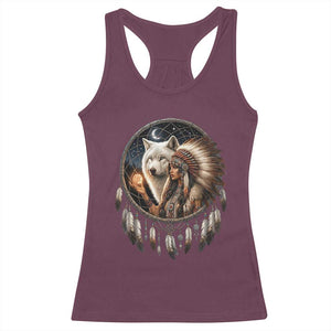 Vintage Native American Woman With White Wolf Graphic Racerback Tank Top