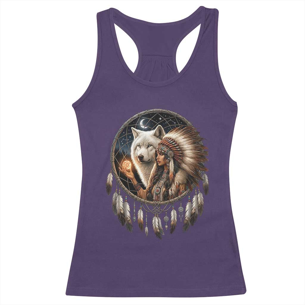 Vintage Native American Woman With White Wolf Graphic Racerback Tank Top