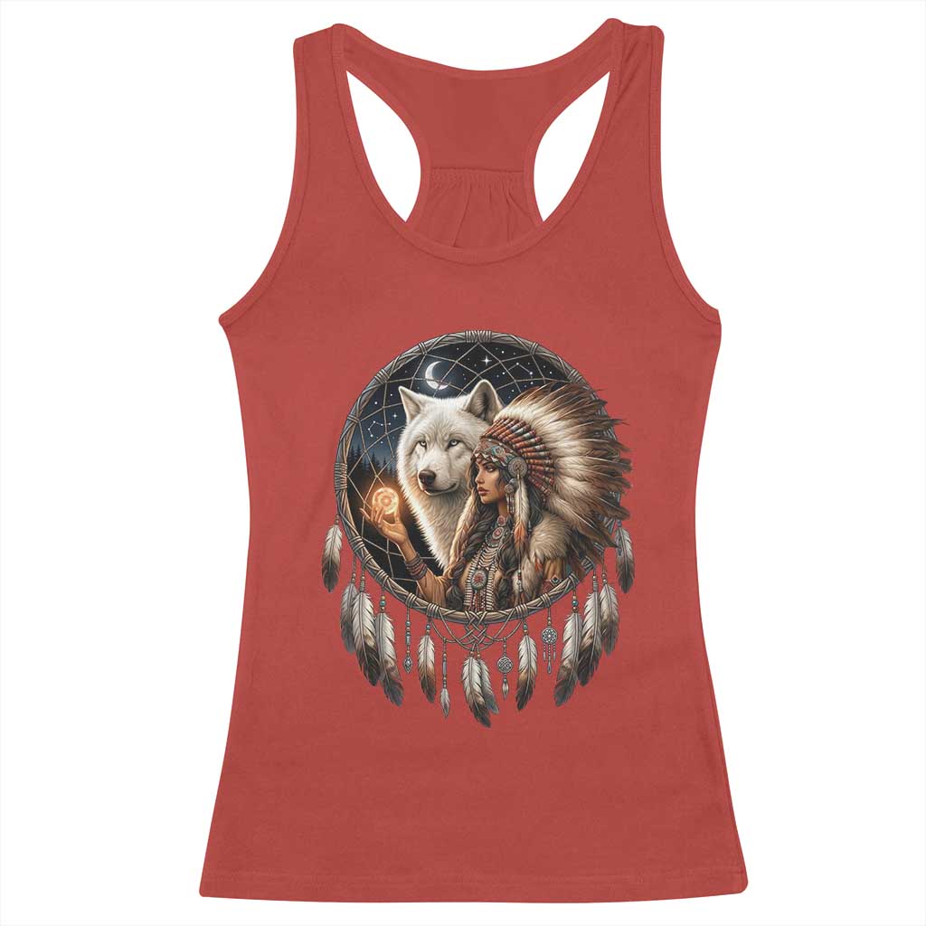Vintage Native American Woman With White Wolf Graphic Racerback Tank Top